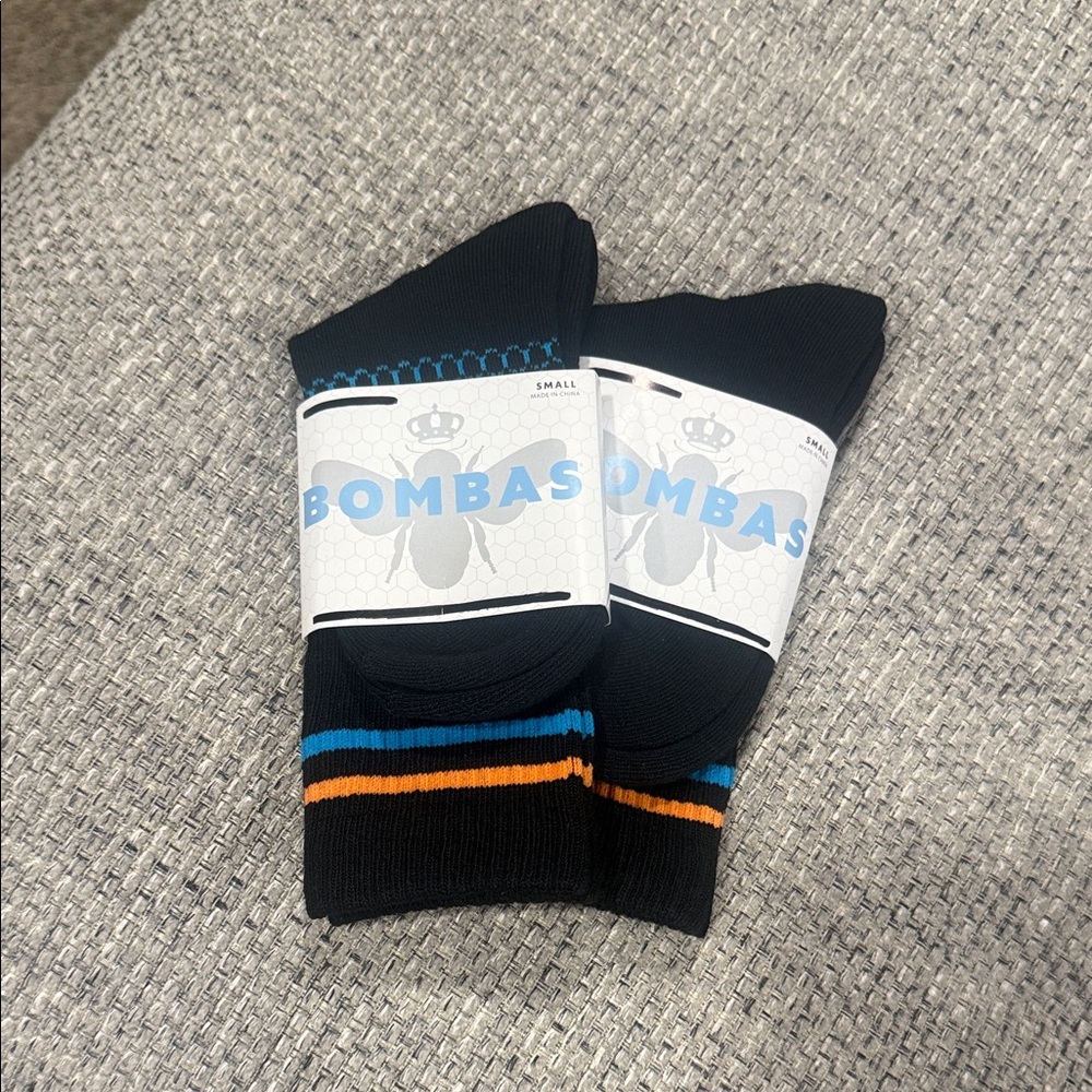 2/$8 Bee Better Bombas Men's Black Socks Blue, Orange, & Yellow/Green Accents